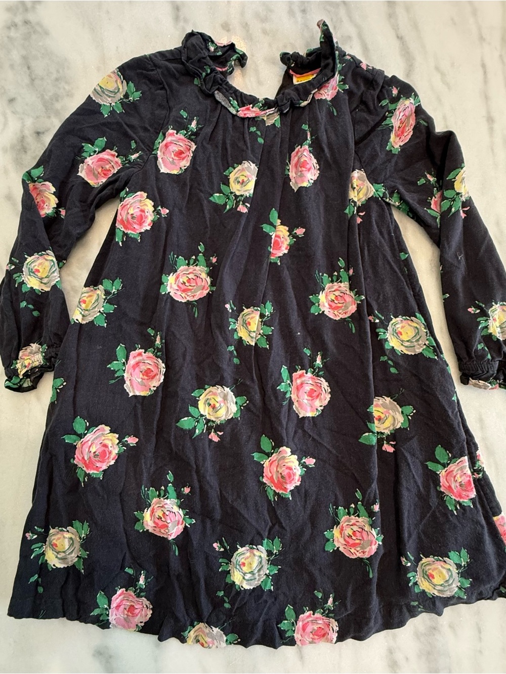 Mini Boden Floral Long-Sleeve Ruffle Neck Dress